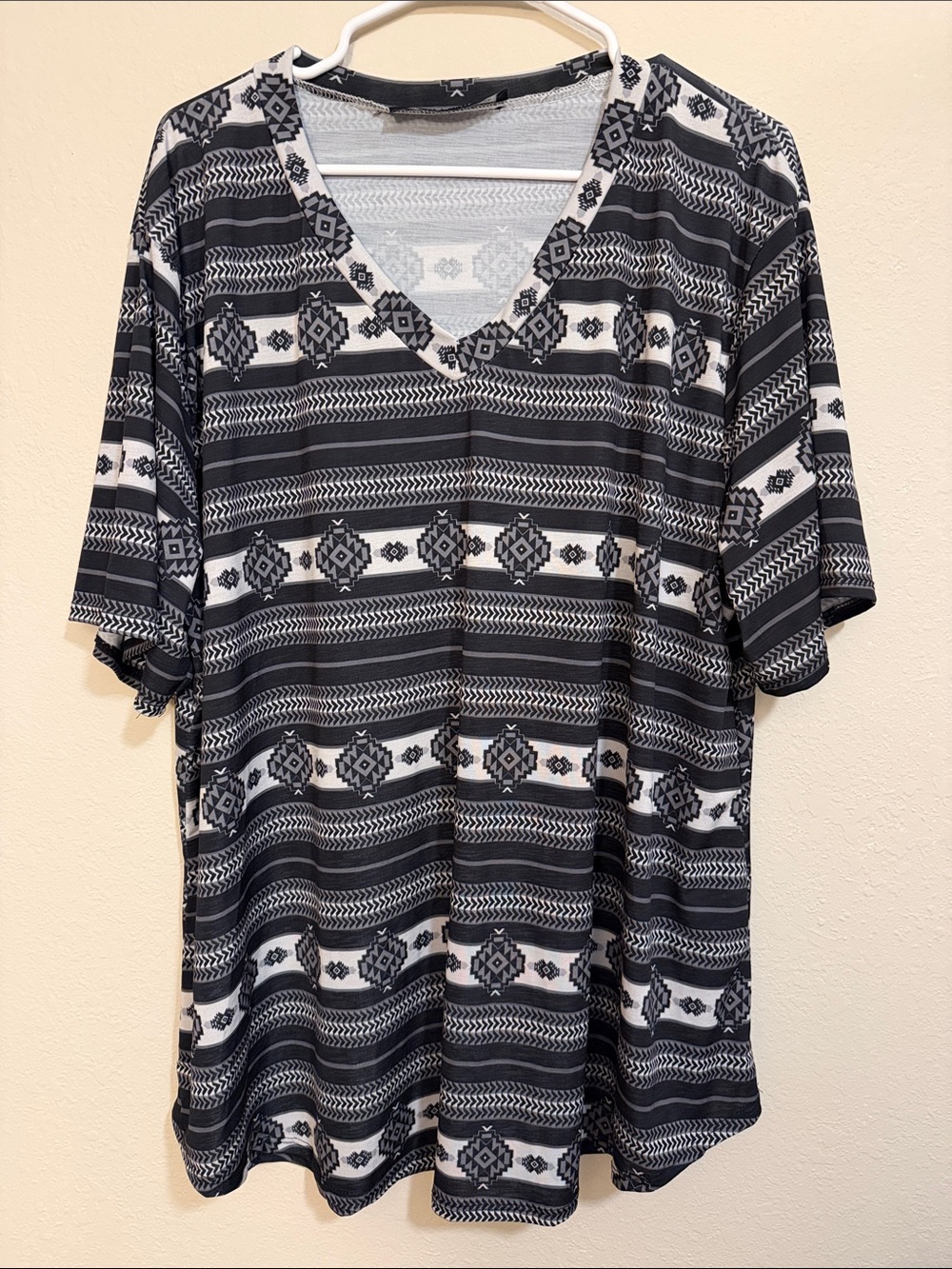 Lucky & Blessed Gray and Black Aztec Print V-Neck Top